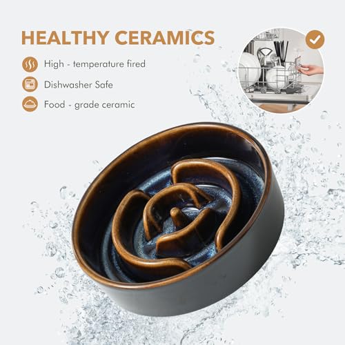 Havniva 0.9 Cup Elevated Slow Feeder Dog Bowls, 6.1” Dog Slow Feeding Bowls + 6.1” Ceramic Dog Water Bowls Set with Acacia Wood Stand, Dog Food Bowls Puzzle Feeder for Small Dogs Non-Slip Anti-choking - color: 2 x Starry Sky + Stand - A, size: S- 6.1inch