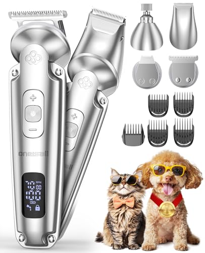 oneisall Small Dog Clippers and Paw Trimmer with Low Noise, 4 - in - 1 Cordless Dog Grooming Kit with 3 - Level Speed Clippers (7000 RPM) for Grooming Thick Hair, Waterproof Shaver for Dogs and Cats | 6000/6500/7000RPM, 3-Speed, 49dB, LED Display, IPX7 Wa