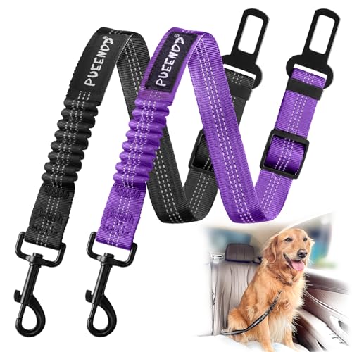 2 Pack Dog Seat Belt Adjustable Dog Car Seatbelts for Vehicle Nylon Pet Safety Seat Belt with Elastic Bungee Buffer Reflective & Durable Car Harness for Dogs (Black + Purple) - color: Black + Purple