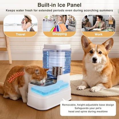 2 Pack Automatic Cat Feeder and Water Dispenser 1.3Gallon Dog Gravity Food Feeder and Water with Ice Pack Stainless Steel Dry Food and Waterer Bowl for Small Medium Large Pets (White) - color: White