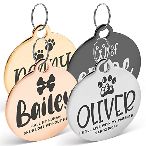 Engraved Pet ID Tags for Cats, Dogs - 4 Color & 5 Shape Options, Personalized w/ 20 Icons, Name, Address, Phone Number - Accessories for Four Legged Friends, Stainless Steel #Round - Silver - style: Round