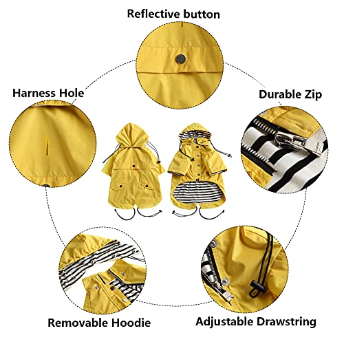 Morezi Dog Zip Up Raincoat with Reflective Buttons, Rain/Water Resistant, Adjustable Drawstring, Removable Hood, Raincoats with Legs 8lbs to 80lbs Available - Yellow - XS - color: Yellow, size: X-Small