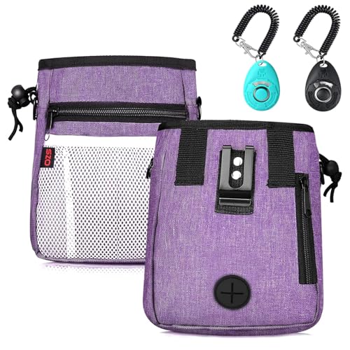 Dog Treat Pouch - 3 Ways to Wear Treat Pouches for Pet Training and 2 Pieces Clicker Taining for Dogs, Dog Training Treat Pouch Bag and Dog Clicker for Training with Waist Belt Shoulder Strap - Purple - color: Purple
