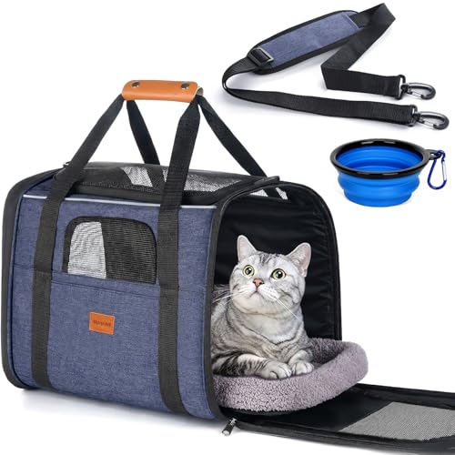 Morpilot Cat Carrier - Soft Sided Cat Carrier Large for Big Medium Cats and Puppy up to 18lbs, Pet Carrier with Safety Zippers, Foldable Bowl, Airline Approved Large Dog Carrier - Dark Blue - color: Dark Blue, size: 17.3"L x 12.2"W x 13.4"H