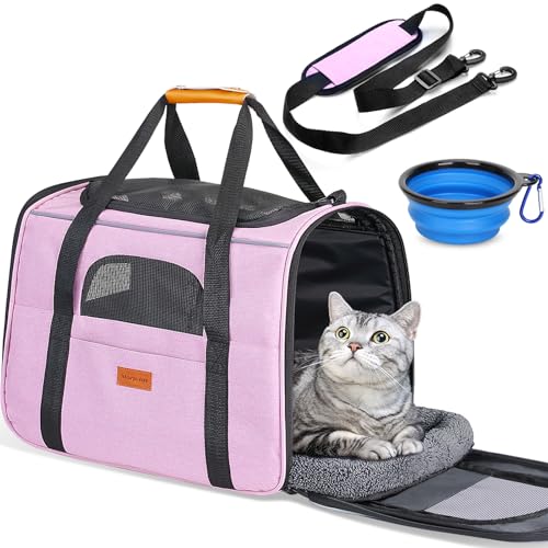 Morpilot Portable Cat Carrier - Soft Cat Carrier for Medium Cats and Puppy up to 15lbs,with Dual-Sided Cushion, Secure Buckle and Foldable Bowl, Dog Carriers for Small Dogs - Pet Carrier (Pink) - color: Pink, size: 17.3"L x 12.2"W x 13.4"H