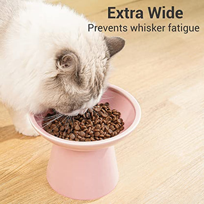 CEEFU Extra Wide Elevated Ceramic Cat Bowl, 6.2" Shallow Dish for Whisker Fatigue Relief, 5" Height for Easy Feeding, Durable Raised 2 Cat Food Bowls, Pink - color: Pink-2 Food Bowl