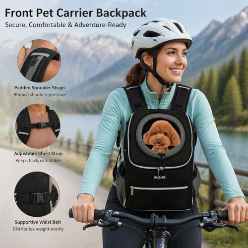BAGLHER Dog Carrier Backpack for Small Dogs - Front Breathable Pet Backpack with Safety Buckle, Adjustable Hands-Free Design for Hiking, Cycling, Camping & Outdoor Use - Black, Size Large 10-14 lbs - size: 15.4"L x 7.9"W x 16.0"H