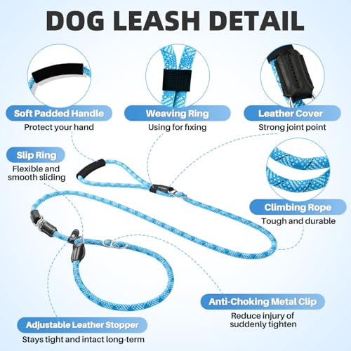 SlowTon Slip Lead Dog Leash, Adjustable 4-6 FT, 1/2” Rope, Heavy Duty Nylon Leashes with Padded Handle & Highly Reflective Threads, No Pull Training Leash for Medium Large Dogs 20-120lb (Light Blue,S) - color: Light Blue, size: 4-6 Ft