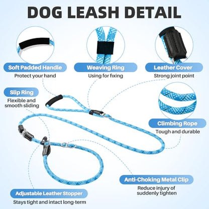 SlowTon Slip Lead Dog Leash, Adjustable 4-6 FT, 1/2” Rope, Heavy Duty Nylon Leashes with Padded Handle & Highly Reflective Threads, No Pull Training Leash for Medium Large Dogs 20-120lb (Light Blue,S) - color: Light Blue, size: 4-6 Ft