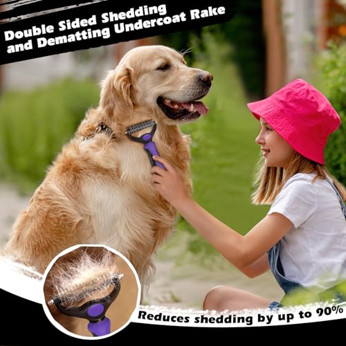 Professional 3PCS Self Cleaning Slicker Brush & Pet Grooming Rake & Flea Comb for Dogs,Cats and Horses | Double-Sided Dematting Comb & Skin Friendly Deshedding Grooming Tool | Pet Supplies - color: Purple
