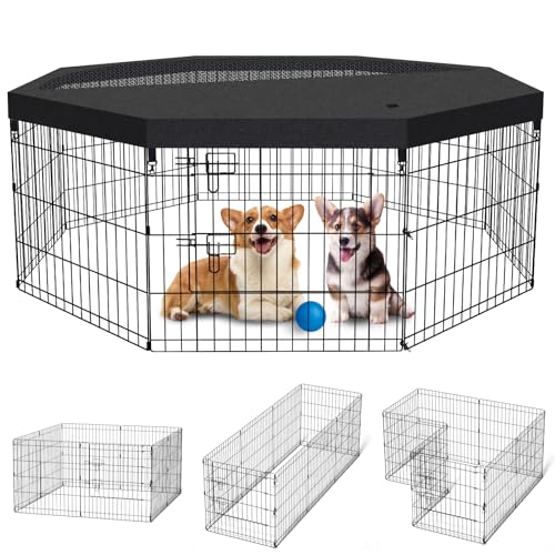 Dog Pen Pet Playpen Dog Fence Indoor Foldable Metal Wire Exercise Puppy Play Yard Pet Enclosure Indoor Outdoor 8 Panels 24 Inch with Bottom Pad/Top Cover (Black with top Cover) - style: Playpen + top cover