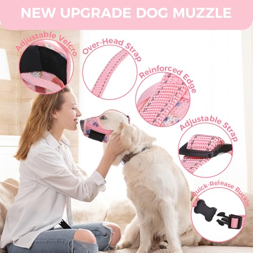 PAWCHIE Dog Muzzle, Soft Muzzle Anti Biting Barking Chewing, Comfortable Air Mesh Mouth Guard Breathable Adjustable Loop Pets Muzzle for Small Medium Large Dogs, Allows Panting Drinking, Pink Donut L - size: L(Snout Cir: 7.09"-9.45")