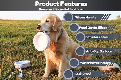 Black Collapsible Travel Dog & Cat Bowl – BPA-Free Silicone & 18/8 Stainless Steel, Portable Non-Slip Food & Water Bowl with Handle, Bottle/Poop Bag Holder – Claim Your - color: Black Bowl