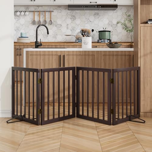 Wooden Dog Gate Freestanding Foldable 4 Panel Pet Gates Extra Wide Dog Gates for Indoor Doorways Stairs 24in Height Support Feet Included - color: Espresso, size: 4 Panel - 74 inches Wide