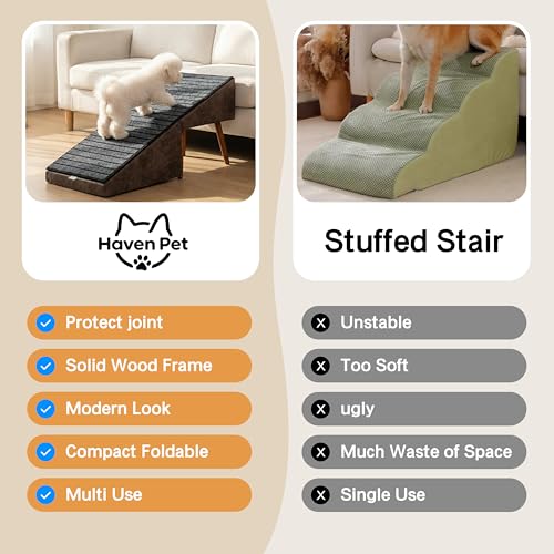 2-in-1 Dog Ramp and Stairs for Bed and Couch, 17 Inch High,Foldable Ottoman Ramp with Non-Slip Replaceable Carpet, Joint Relief for Small and Large Dogs - color: Brown
