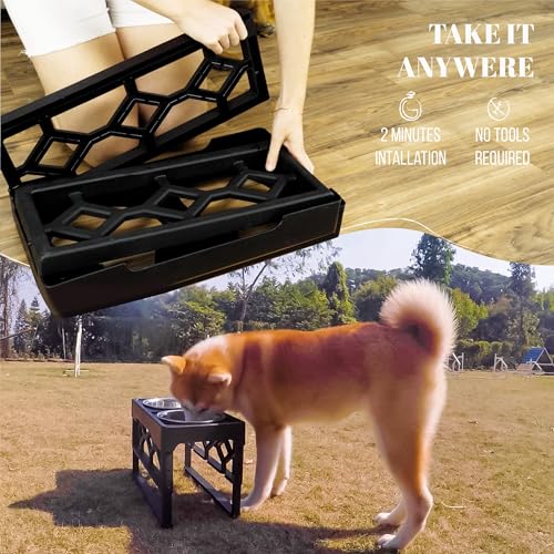 AVERYDAY Elevated Dog Bowls, 4 Height Adjustable Stand for Medium and Large Dogs, Raised Dog Feeder Holder with 2 Stainless Steel Food and Water Bowls, Anti-Slip Base Tall Feeding Station - color: Black stand + 2 food bowls, size: Large