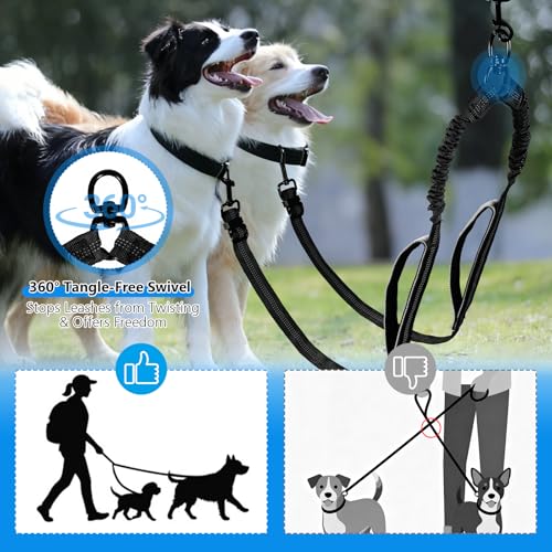 Double Dog Leash-360° Swivel, No Tangle Dog Leash Coupler, No Pull Adjustable Dual Lead with Shock-Absorbing Bungee, Padded Handles, Reflective Walking & Training Lead Splitter for 2 Dogs - color: Black Gray