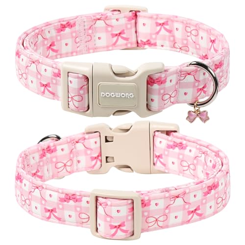 DOGWONG Pink Plaid Dog Collar-Cute Pink Bowtie Print Dog Collar, Adjustable Cotton Girl Female Pet Collar Pink Puppy Collars with Quick Release Buckle,XS - color: A: Pink bow, size: X-Small