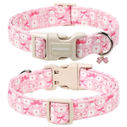 DOGWONG Pink Plaid Dog Collar-Cute Pink Bowtie Print Dog Collar, Adjustable Cotton Girl Female Pet Collar Pink Puppy Collars with Quick Release Buckle,XS - color: A: Pink bow, size: X-Small