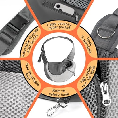 YUDODO Pet Sling Carrier for 2-5 lbs Small Dogs & Cats – Hands-Free Puppy Carrier with Safety Hook, Large Zipper Pocket, Soft Breathable Mesh, Adjustable Strap & Reflective Strip (Gray 1.0 S) - color: Gray 1.0 Basic (Zipper Pocket), size: Small (2-4.5lbs)