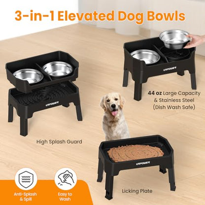 URPOWER 3-in-1 Elevated Dog Bowls - Mess Proof Double Deck 4 Height Adjustable Raised Stand with 2 Stainless Steel Food Bowls & Licking Plate for Small, Medium & Large Dogs - color: Black, size: Large