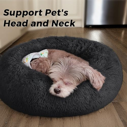 Calming Round Dog Bed & Cat Bed with Anti-Slip Bottom, Medium Size Washable Anti-Anxiety Donut Dog Beds for Small Dogs & Cats, Fluffy Plush Soft Dog Bed(24 Inch, Black) - color: Black, size: 24"l x 24"w x 8"th