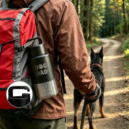 Dog Water Bottle 32oz, Insulated Stainless Steel Travel Water Dispenser with 2 Detachable Dog Bowls for Food and Water, Leak Proof Portable Pet Drinking Cup for Walking Hiking Camping - color: black dog dad