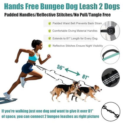 Hands Free Dog Leash Waist & Crossbody for Walking, No Pull Heavy Duty Bungee Double Dog Leash for Two Dogs with Pouch, Padded Handles & Reflective for Large Medium Dogs, Black - size: 2 Leashes