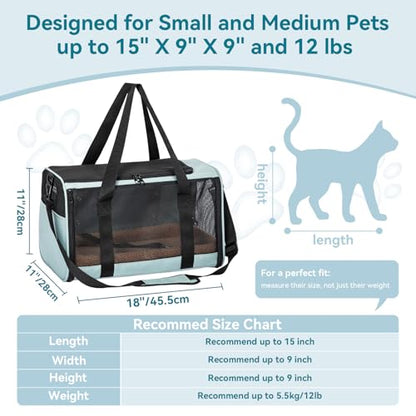 PETSFIT Soft-Sided Cat Carrier with Patented Safety Buckles, Lockable Zippers & Safety Tether,Escape-Resistant Travel Pet Carrier for Car Rides & Vet Visits, Airline Approved Under-Seat, Up to 12 lbs - color: Cyan blue, size: 18.0"L x 11.0"W x 11.0"H