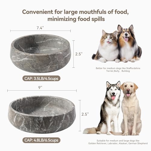 Karibiber Marble Dog Bowl, 5lbs Weighted Dog Food Bowl, Non-Slip Large Heavy Water Bowls, Grey Stone Food and Water Dish for Medium Dogs, Natural Marble, Easy to Clean, Holds 4 Cups - color: Deep Grey, size: S