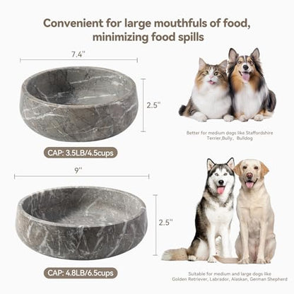 Karibiber Marble Dog Bowl, 6lbs Weighted Dog Food Bowl, Non-Slip Large Heavy Water Bowls, Grey Stone Food and Water Dish for Medium Dogs, Natural Marble, Easy to Clean, Holds 6 Cups - color: Deep Grey, size: L