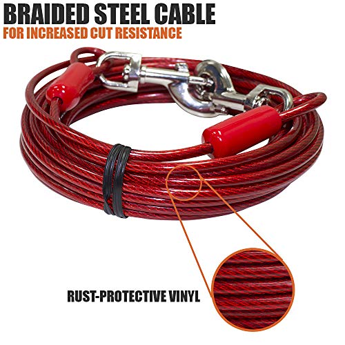 BV Dog Tie Out Cable 30 Feet - Heavy Duty Dog Lead Up to 125 Pounds - Reflective & Rust-Free with Quick Release Swivel Clips & 360° Rotating Clasp - Tangle-Free Dogs Runner for Yard (Red, Single) - color: 125lbs/ 30ft/ Red, style: Single