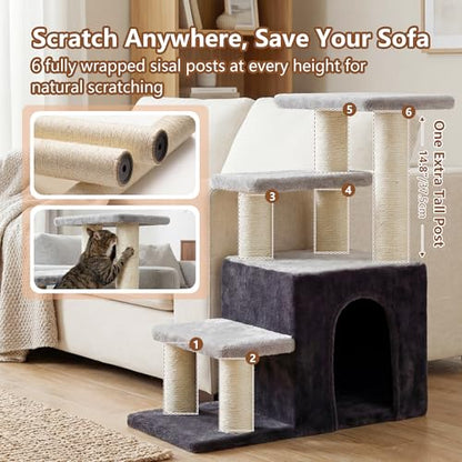 Heybly Cat Scratching Post, Sturdy Pet Stairs & Steps for Indoor Cats and Dogs, Small Cat Tree with Cat Condo, Full Wrapped Sisal Posts & Soft Plush Fabric, Smoky Gray & Light Gray HSP002SGW - color: Smoky Gray