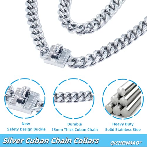 Heavy Duty Cuban Link Chain Dog Collars 15MM Gold/Silver Stainless Steel Metal Walking Training Collars with Cute Secure Design Buckle, Chew Proof, for Large Medium Small Dogs (Silver, 12'') - color: Silver, size: 12inches