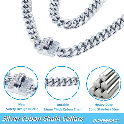 Heavy Duty Cuban Link Chain Dog Collars 15MM Gold/Silver Stainless Steel Metal Walking Training Collars with Cute Secure Design Buckle, Chew Proof, for Large Medium Small Dogs (Silver, 12'') - color: Silver, size: 12inches