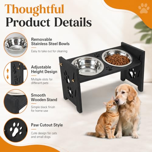 Elevated Cat Bowls, Adjustable Raised Pet Bowls with 2 Stainless Steel Bowls, Wooden Feeding Stand for Cats and Small Dogs, Double Food and Water Feeder, 500 ml Each Bowl, Black