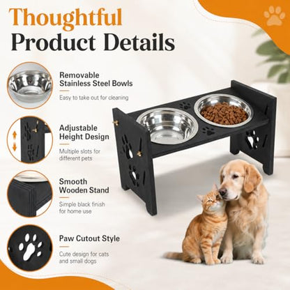 Elevated Cat Bowls, Adjustable Raised Pet Bowls with 2 Stainless Steel Bowls, Wooden Feeding Stand for Cats and Small Dogs, Double Food and Water Feeder, 500 ml Each Bowl, Black