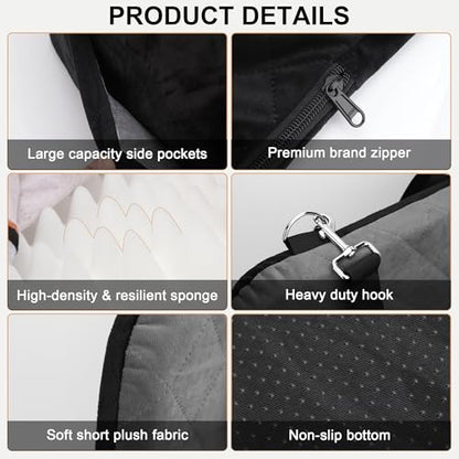 Dog Car Seat for Small/Medium Dogs,Pet Dog Booster Car Seat Puppy 15-35 lbs with Soft 4+2in Detachable Pads Detachable Elevated Cushion and Washable Cover Safety Belt Storage Pockets Easy to Install - color: grey+black