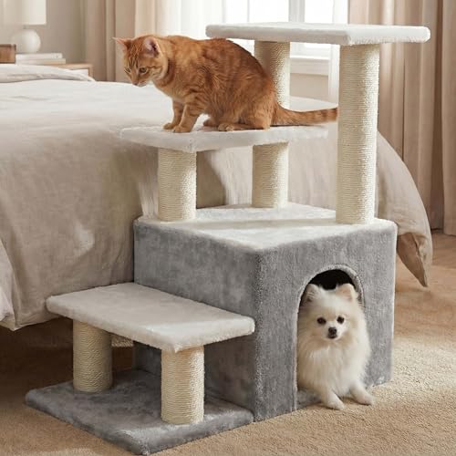 Heybly Cat Scratching Post, Sturdy Pet Stairs & Steps for Indoor Cats and Dogs, Small Cat Tree with Cat Condo, Full Wrapped Sisal Posts & Soft Rabbit-Like Plush Fabric, Light Gray & White HSP002SWWH - color: Light Gray