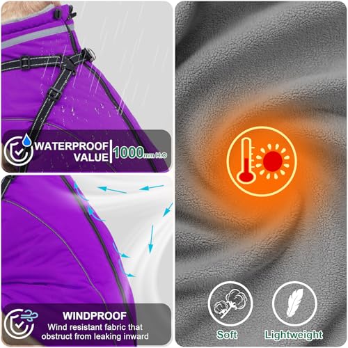 Fragralley Dog Coat with Harness Built in, Waterproof Windproof Reflective Warm Puffer Jacket, Fleece Lined Vest Winter Parka for Small, Medium, Large Dogs - color: Purple, size: X-Small
