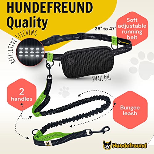 Hundefreund Hands-Free Dog Leash for Small Dogs 10 to 30 lbs - Lightweight Waist Leash with Bungee (43–63"), Padded Belt (26–47") & Pouch – Dual Handles, Reflective Stitching for Walking & Jogging