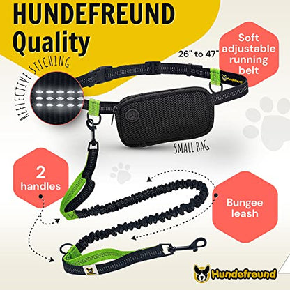 Hundefreund Hands-Free Dog Leash for Small Dogs 10 to 30 lbs - Lightweight Waist Leash with Bungee (43–63"), Padded Belt (26–47") & Pouch – Dual Handles, Reflective Stitching for Walking & Jogging