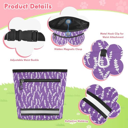 Lavender Water-Resistant Dog Treat Pouch, 3 Ways to Wear Treat Bag with Magnetic Closure & Reflective Strip, Hands-Free for Pet Training, Walking