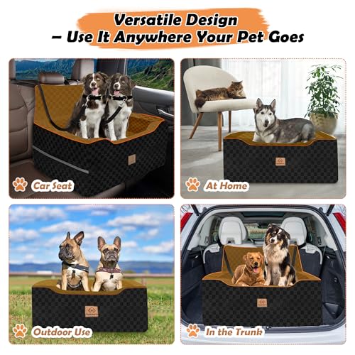 Large Dog Car Seat for Back Seat – Removable Dog Booster Seat & Washable Pet Car Seat for Medium & 2 Small Dogs up to 60lbs – Safety Straps & Storage Pocket – Travel & Home Use (Black/Brown) - color: Medium-Black/Brown