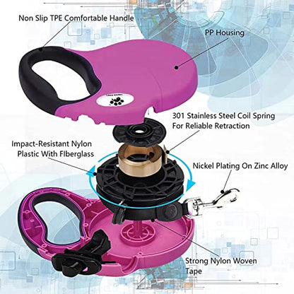 16ft Retractable Dog Leash for Large Breed Dogs up to 110 lbs with a Detachable Chew Proof Extender Wire Ropes (Pink L) - color: Pink, size: Large