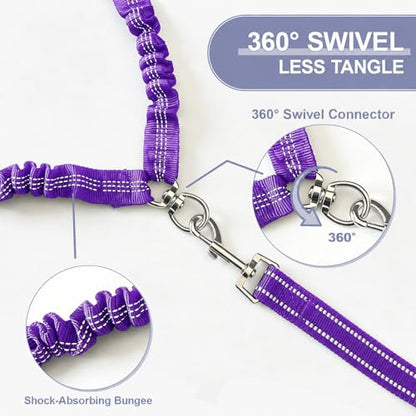 Double Dog Leash for Two Dogs, Complete Set with 31.5" Main Leash + Adjustable Splitter, Padded Handle, D-Ring, 360° Swivel, Shock-Absorbing Bungee, Reflective for Small Medium Large Dogs (Purple) - color: Purple