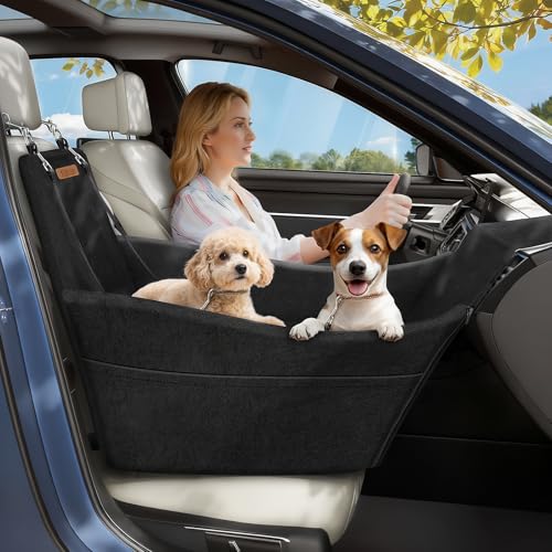 Elevated Dog Car Seat, Dog Booster Car Seats for Small & Medium Breeds Up to 35lbs, Fully Detachable and Washable, Memory Foam Pet Carseat with 2 Storage Pockets & 3 Safety Belts, Black - color: Black
