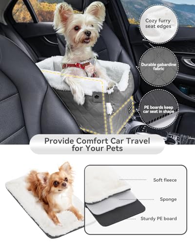 PETSFIT Center Console Dog Car Seat with Safe Protection Hooks, Pet Car Seat with Upgraded Safety Tethers, Washable Cushion, Console Dog Car Seats for Small Dogs Up to 8 Lbs (Grey) - color: Grey