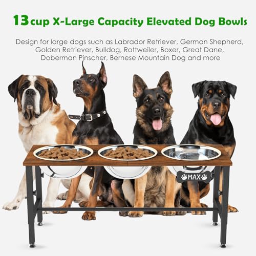 SHAINFUN Adjustable Height Elevated Dog Bowl Stand for Large & Extra Large Dogs – Wooden Raised Dog Bowls with Three 101oz Stainless Steel Bowls & Mat, Stainless Steel Food & Water Station - color: Brown-3L-Three