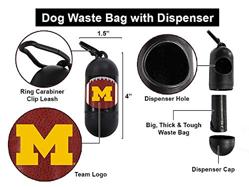Pets First NCAA MICHIGAN WOLVERINES PET LICENSED Poop Waste Bag Dispenser and D Ring for Leash with 1200 Premium Garbage Bags - color: Michigan Wolverines, size: 80 Rolls = 1200 Bags - Best Value!